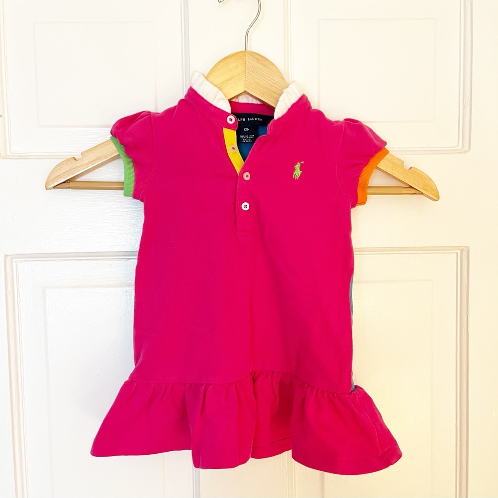 Ralph Lauren Pink Colorblock Polo Dress Baby 12M with Bloomers Ruffle Collar